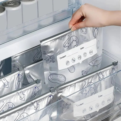 (30pcs )Reusable Aluminum Foil Sealable Storage Bags, 2026 New Resealable Vacuum Zipper Pouches for Food, Stand Up Foil Sealable Bags with Label and Zip Lock for Vegetable Fruit Meat