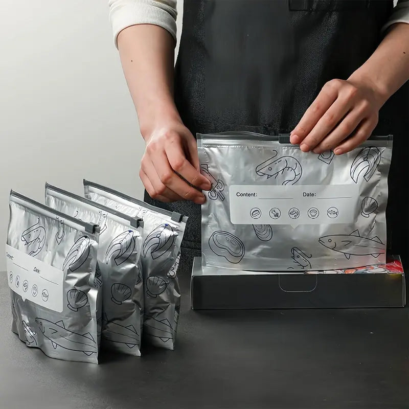 (30pcs )Reusable Aluminum Foil Sealable Storage Bags, 2026 New Resealable Vacuum Zipper Pouches for Food, Stand Up Foil Sealable Bags with Label and Zip Lock for Vegetable Fruit Meat